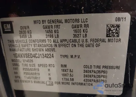 2012 GMC Acadia Slt-2 z USA, uszkodzony, nr VIN 1GKKVSED4CJ134224